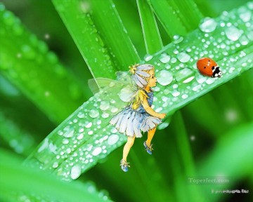 Original Fairy Angel Painting - Fairy watching ladybug fairy original